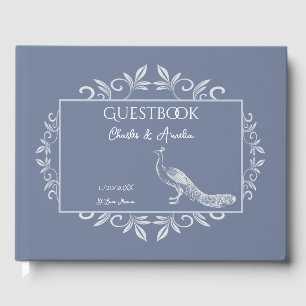 Dusty Blue Peacock Flourish Wedding Guest Book