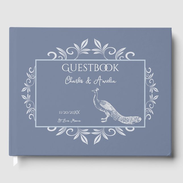 Dusty Blue Peacock Flourish Wedding Guest Book (Front)