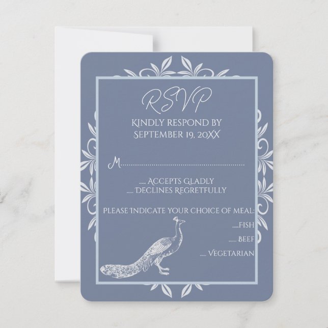 Dusty Blue Peacock Flourish Wedding RSVP Card (Front)
