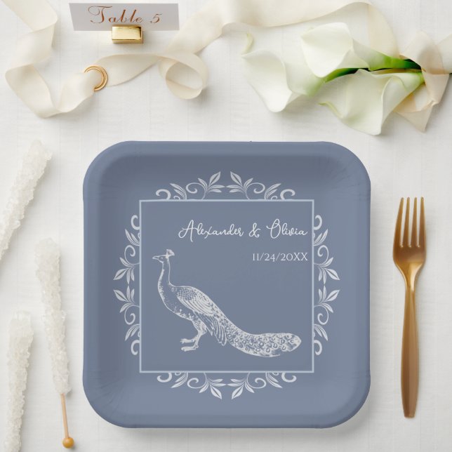 Dusty Blue Peacock Flourish Wedding Shower Paper Plate (Wedding)