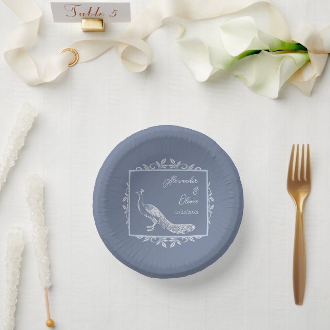Dusty Blue Peacock Flourish Wedding Shower Paper Plate (Wedding)
