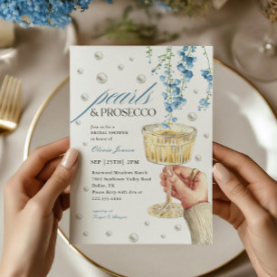 Dusty Blue Pearls & Prosecco Brunch Bridal Shower Invitation