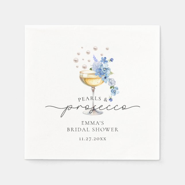 Dusty Blue Pearls & Prosecco Floral Bridal Shower Napkin (Front)