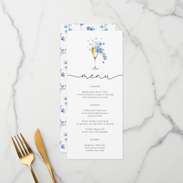Dusty Blue Pearls & Prosecco Wildflower Menu Cards (Front/Back In Situ)