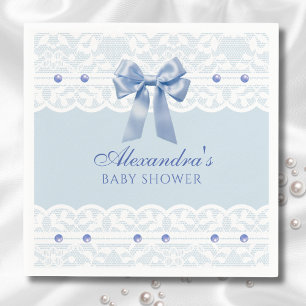 Dusty Blue Pearls Satin Bow Lace Baby Shower Napkin
