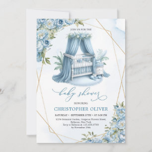 Dusty blue peonies baby crib gold frame boy  invitation