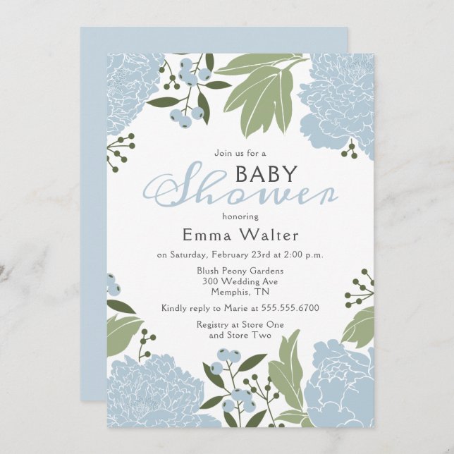 Dusty Blue Peonies Baby Shower Invitation (Front/Back)