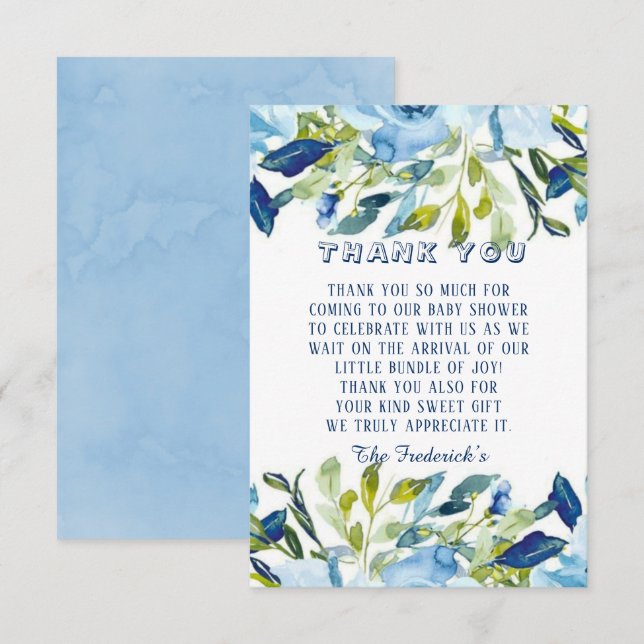 Dusty Blue Peonies Boy Baby Shower  Thank You Card (Front/Back)