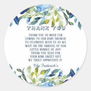 Dusty Blue Peonies Boy Baby Shower Thank You Classic Round Sticker