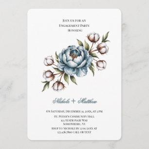 Dusty Blue Peony and Cotton Engagement Party Invitation