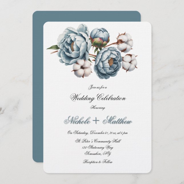 Dusty Blue Peony and Cotton Wedding Celebration Invitation (Front/Back)
