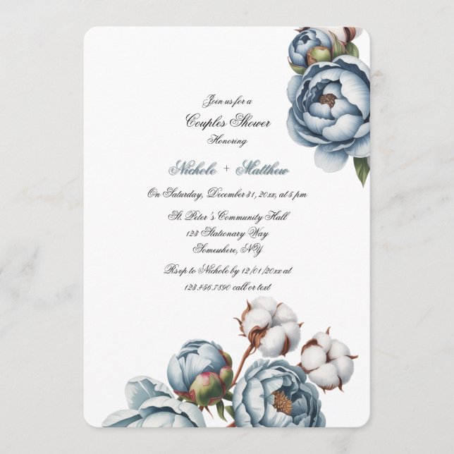 Dusty Blue Peony and Cotton Wedding Shower Invitation (Front)