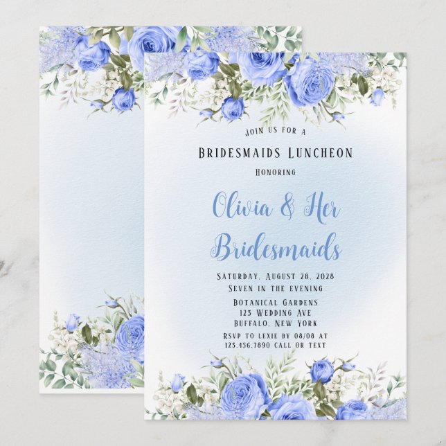 Dusty Blue Peony Blossom Bridesmaids Luncheon Invitation (Front/Back)