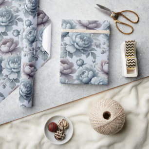 Dusty Blue Peony Flowers Elegant Watercolor  Wrapping Paper