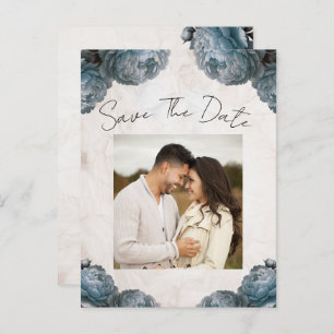 Dusty Blue Peony Flowers Vintage Save the Date Announcement Postcard