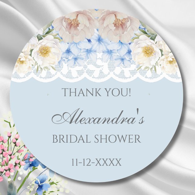 Dusty Blue Peony Hydrangea Bridal Shower Thank You Classic Round Sticker (Creator Uploaded)