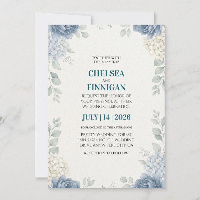 dusty blue peony hydrangea elegant invitation (Front)