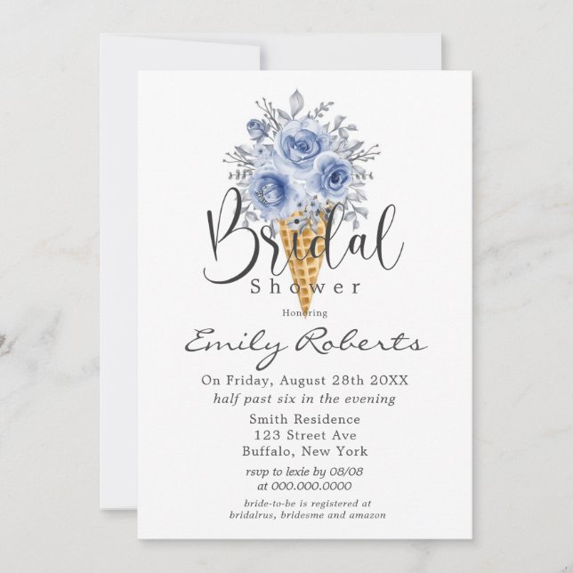 Dusty Blue Peony Ice Cream Cone Bridal Shower Invi Invitation (Front)