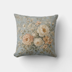 Dusty Blue Peony Ivory Blossom French Country  Cushion