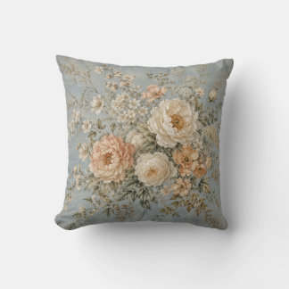 Dusty Blue Peony Ivory Blossom French Country Cushion