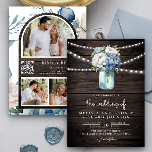 Dusty Blue Peony Mason Jar QR Code Wood Wedding Invitation