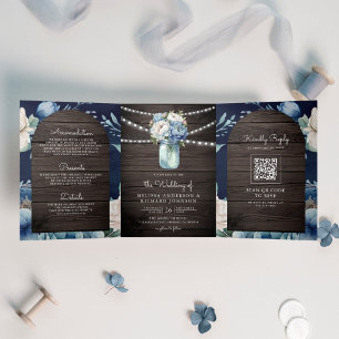 Dusty Blue Peony Mason Jar QR Code Wood Wedding Tri-Fold Invitation