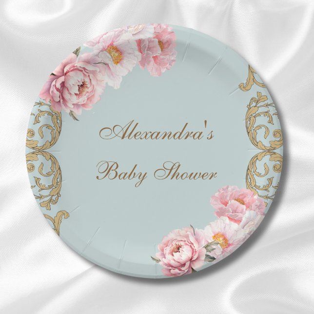 Dusty Blue Peony Rococo Pink Floral Baby Shower Paper Plate (Creator Uploaded)