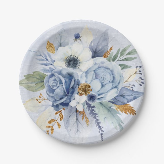 Dusty Blue Peony Rose Botanical Floral Wedding Paper Plate (Front)