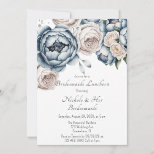 Dusty Blue Peony Rose & Glitter Bridesmaids Lunch Invitation