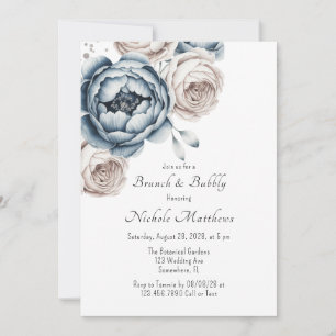 Dusty Blue Peony Rose & Glitter Brunch & Bubbly Invitation