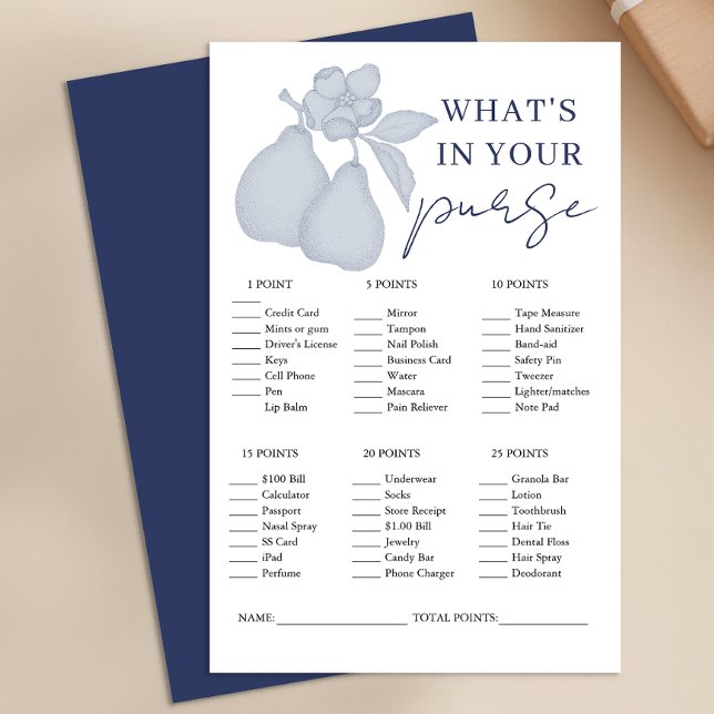 Dusty Blue Perfect Pear Bridal Shower Purse Game (What's In Your Purse Bridal Shower Game)