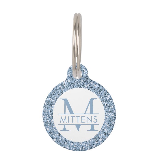 Dusty Blue Periwinkle Glitter Sparkly Monogram Pet Tag (Front)