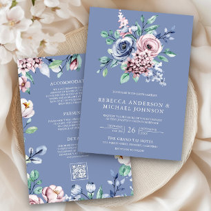 Dusty Blue Periwinkle Pink Floral QR Code Wedding  Invitation