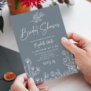 Dusty Blue Periwinkle Wildflowers Bridal Shower Invitation