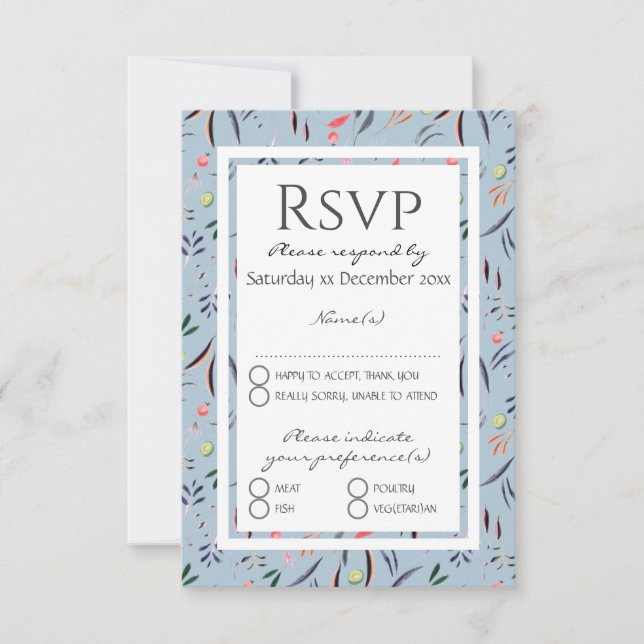 Dusty Blue Personalised Floral WEDDING RSVP Card (Front)