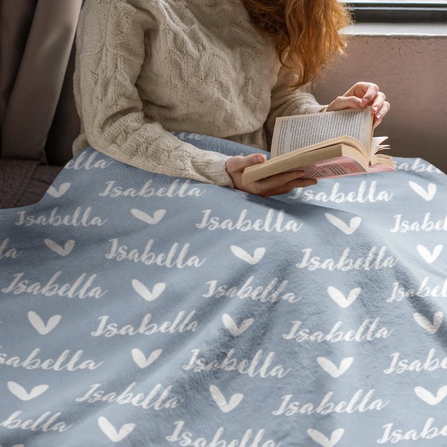 Dusty Blue Personalised Name Blanket with Hearts (Creator Uploaded)