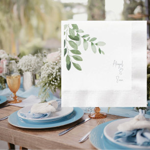 Dusty Blue Personalised Names White Wedding  Napkin