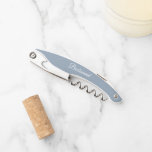 Dusty Blue Personalised Wedding Bridesmaid Corkscrew<br><div class="desc">Trendy,  dusty blue colour wine corkscrew opener for your wedding bridesmaid along with her name on back and printed in white,  stylised script. Personalise corkscrew by editing and replacing name with your bridesmaid's name. Available in many,  popular bridesmaid wedding colour schemes.</div>