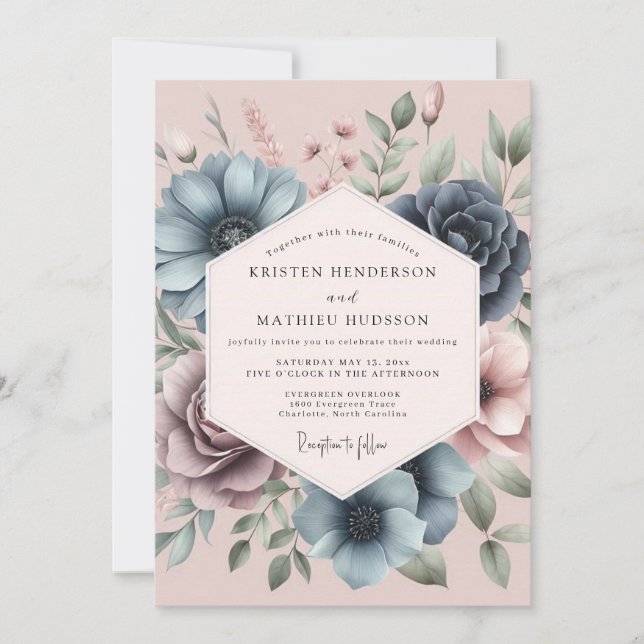 Dusty Blue Petal Romance Wedding Invitation (Front)