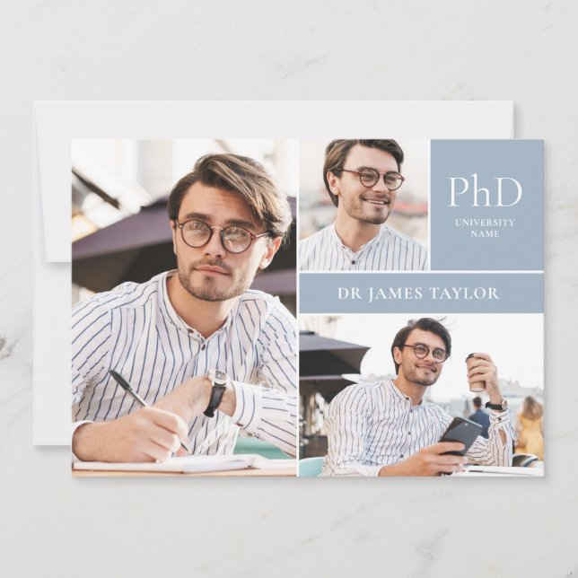 Dusty Blue PhD Degree 3 Photo Graduation Party Invitation (Front)
