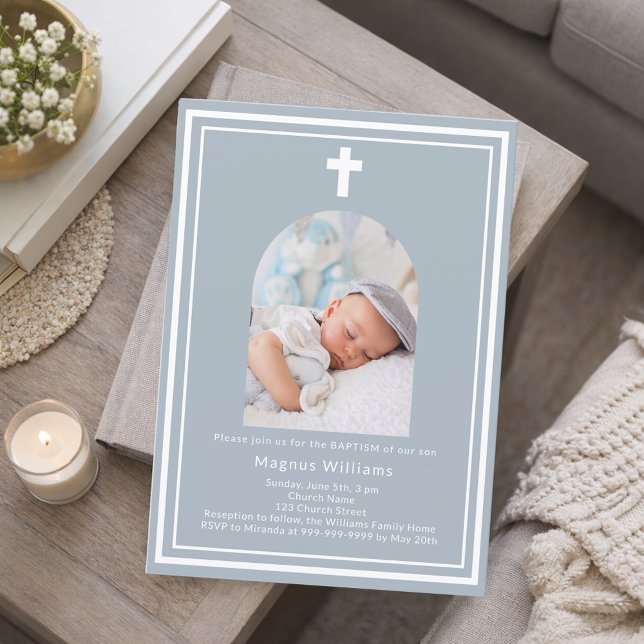 Dusty blue photo arch boy Baptism Invitation (Creator Uploaded)