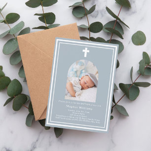 Dusty blue photo arch boy Baptism Invitation