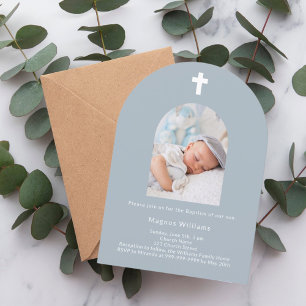 Dusty blue photo arch boy Baptism Invitation