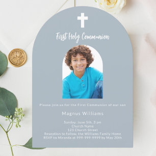 Dusty blue photo arch boy First Holy Communion Invitation