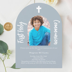 Dusty blue photo arch boy First Holy Communion  Invitation