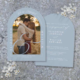 Dusty Blue Photo Arch Calligraphy Engagement Party Invitation