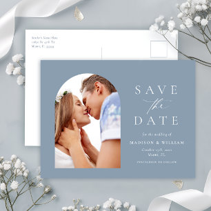 Dusty Blue Photo Arch Save The Date Postcard
