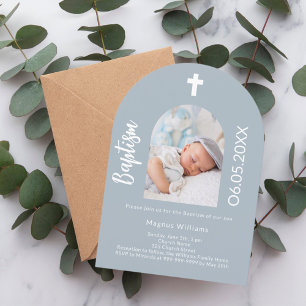 Dusty blue photo arch script Baptism Invitation