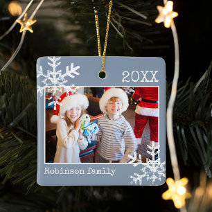Dusty Blue Photo Border White Snowflakes Holiday Ceramic Ornament