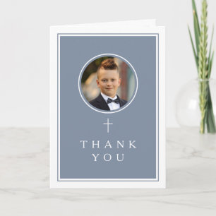 Dusty Blue Photo Boy First Communion Thank You Card